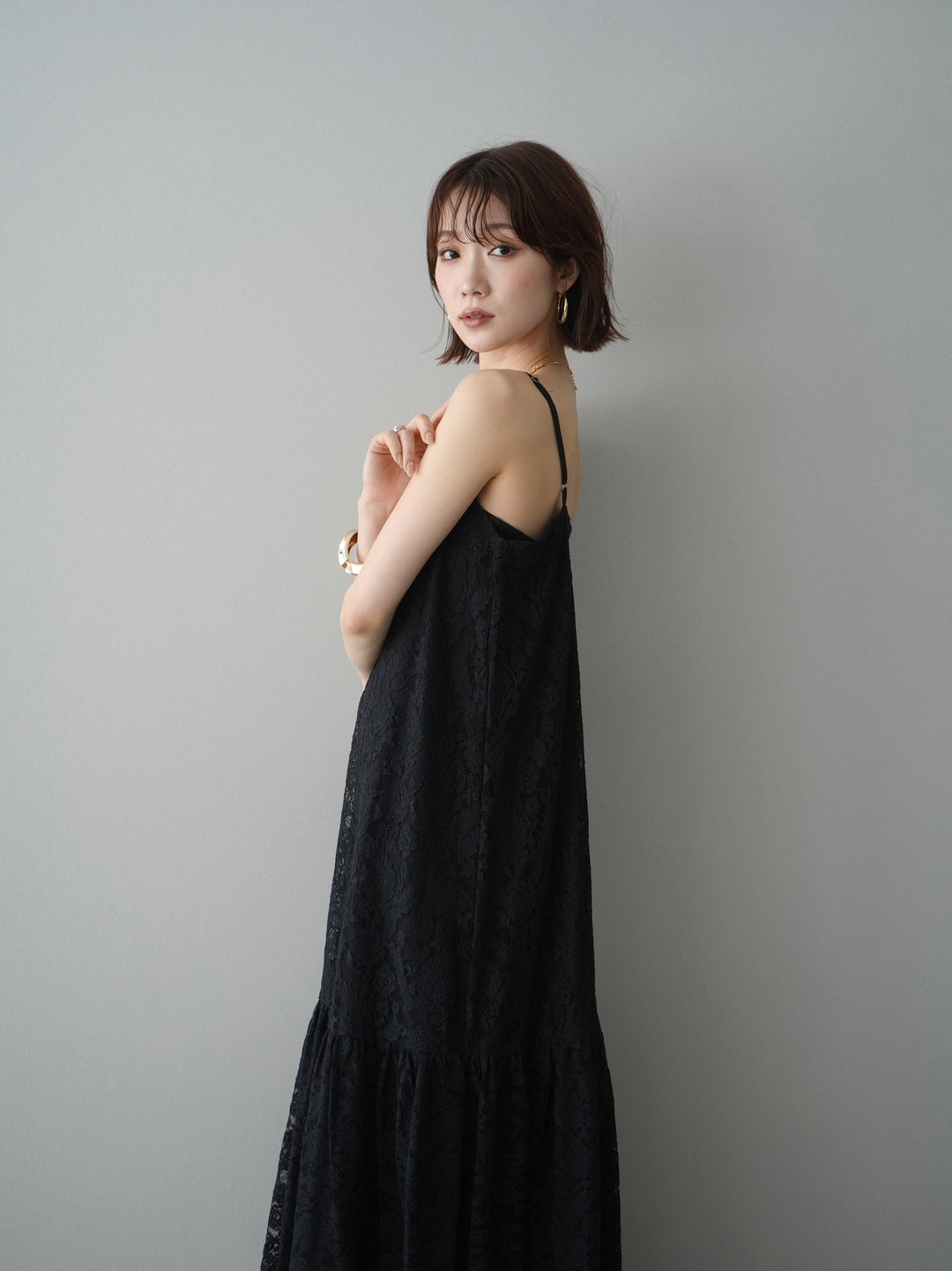 [予約]ギャザー切替レースキャミワンピース/black