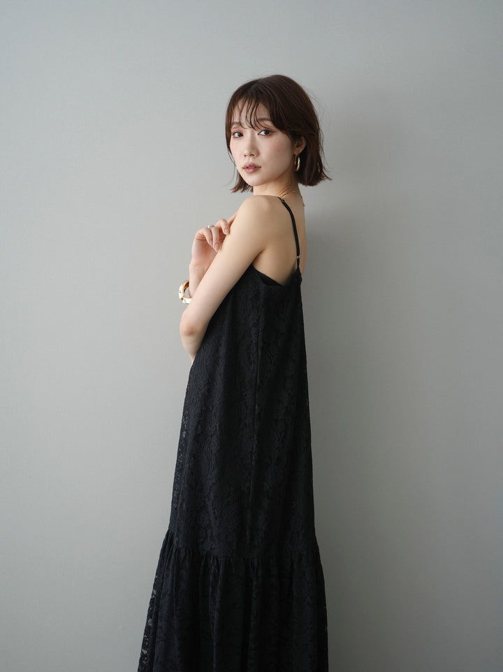 [予約]ギャザー切替レースキャミワンピース/black