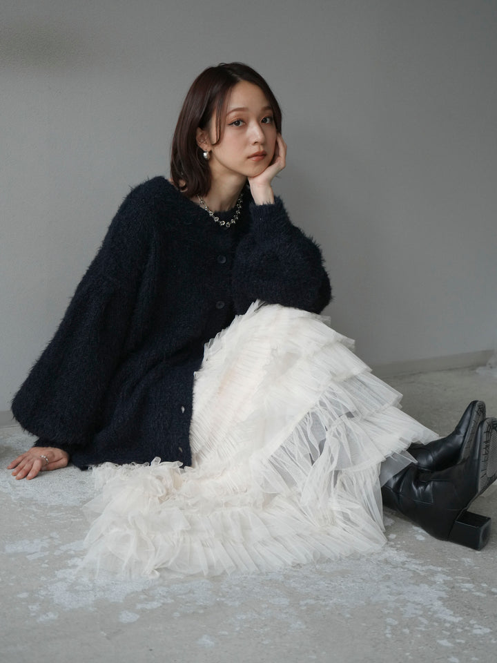 [預購] 圓領隨機毛絨開襟衫/藏青