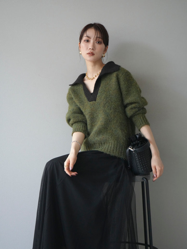 [予約]バイカラー襟付きニットプルオーバー/green
