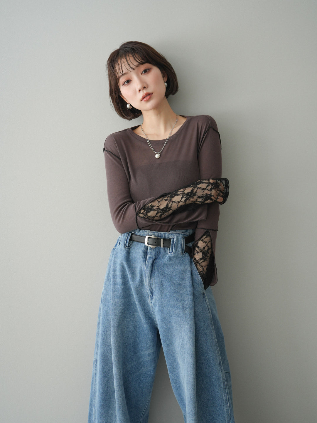 [予約]袖レースレイヤードデザインメロートップス/brown