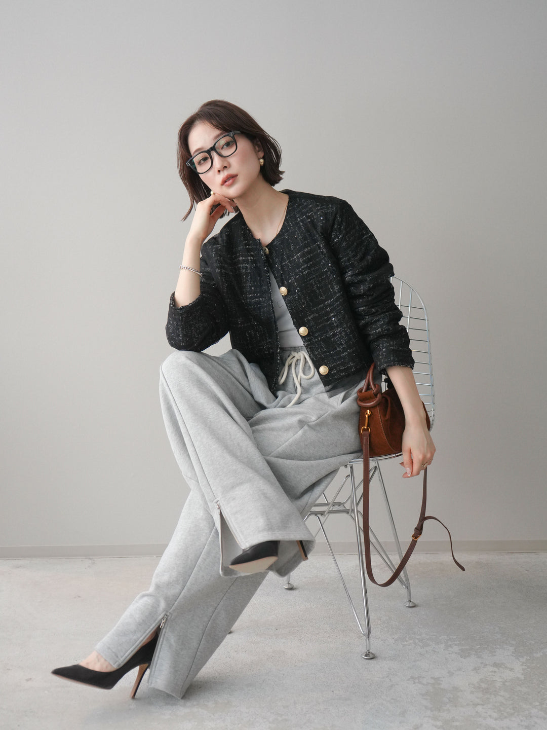 [予約]チュールレイヤードツイードクロップドジャケット/black