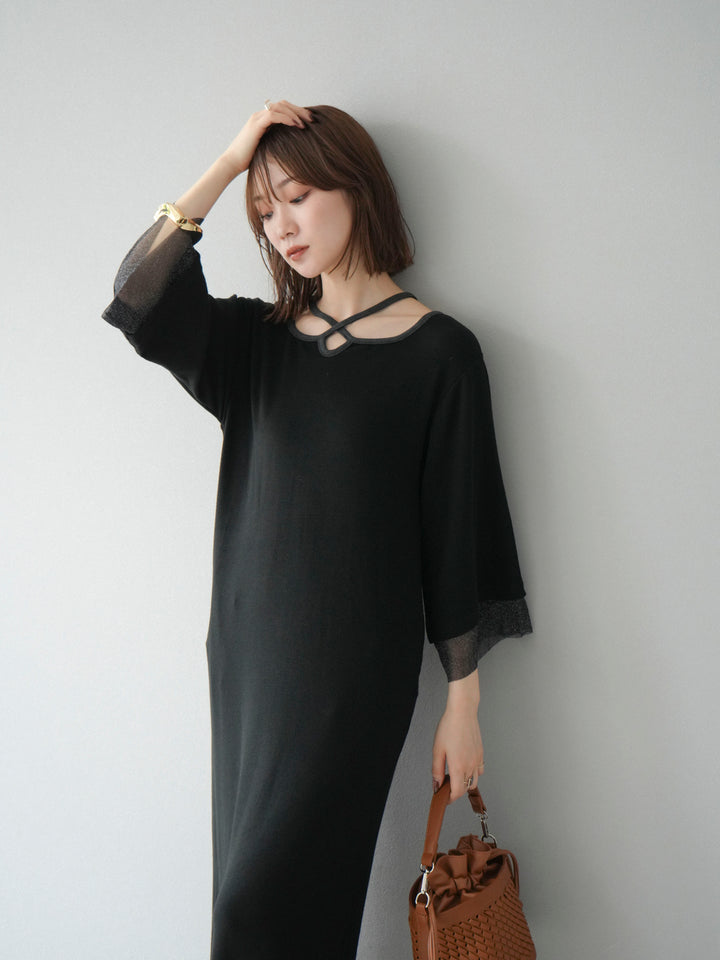 [予約]デザインネックラメシアー切替ニットワンピース/ブラック