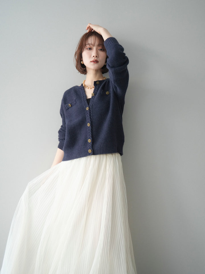 [SET]編みこみアンティークボタンニットカーディガン+チュールストライプボリュームスカート(2set)