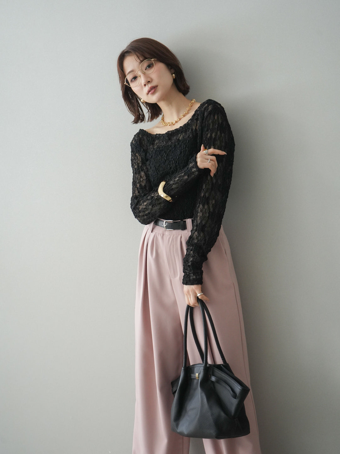 [SET]サイドギャザーレーストップス+サイドギャザーレーストップス(2set)