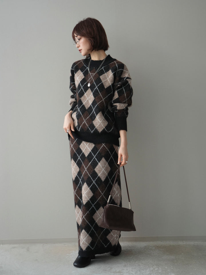 [SET]アーガイルニットプルオーバー&ロングスカートSET UP+選べるアクセセット(2set)