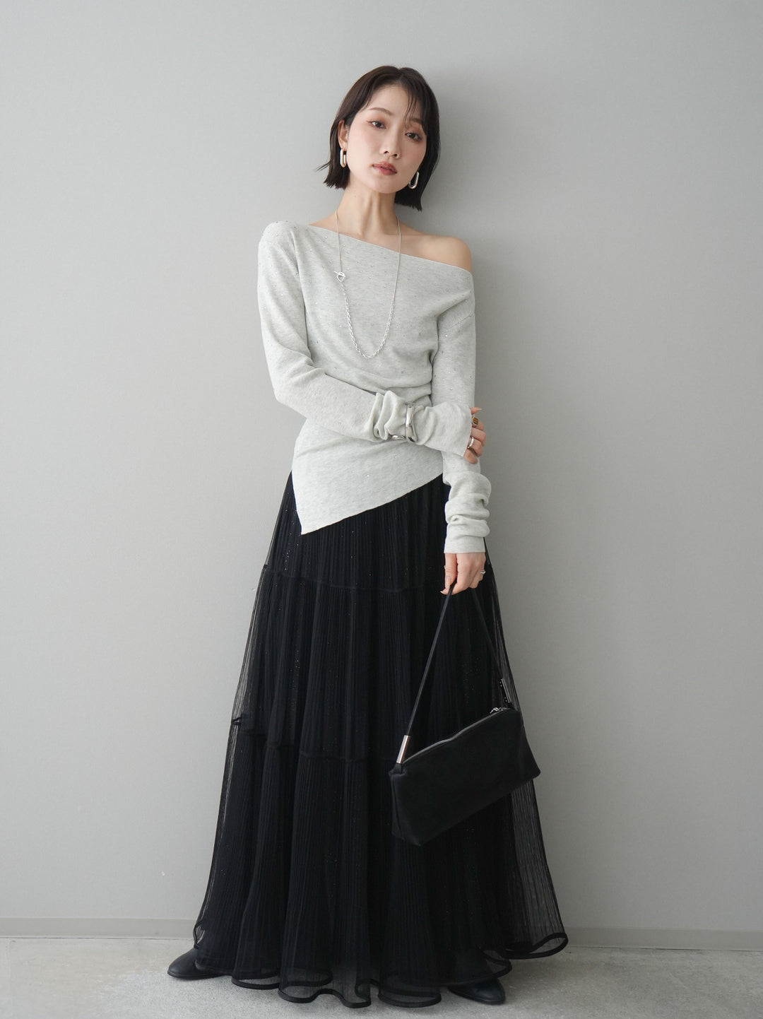 [予約]ラメプリーツレイヤードチュールロングスカート/black