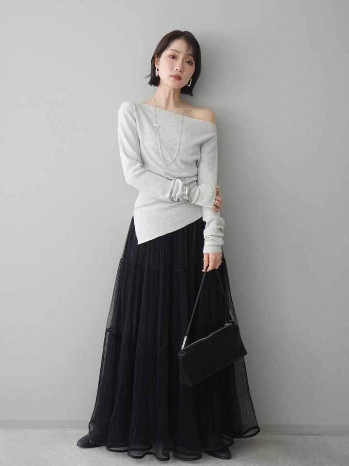 [予約]ラメプリーツレイヤードチュールロングスカート/black