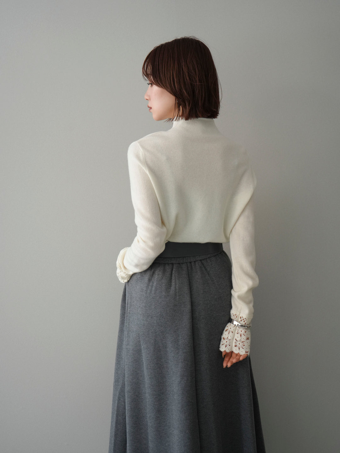 [SET]袖スカラップレースフロントボタンウールニットトップス+選べるアクセセット(2set)