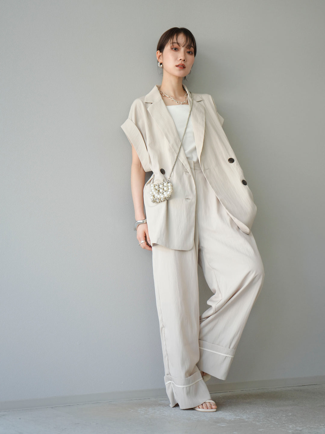 [SET]リネンライクノースリーブダブルジレ+リネンライクノースリーブダブルジレ(2set)