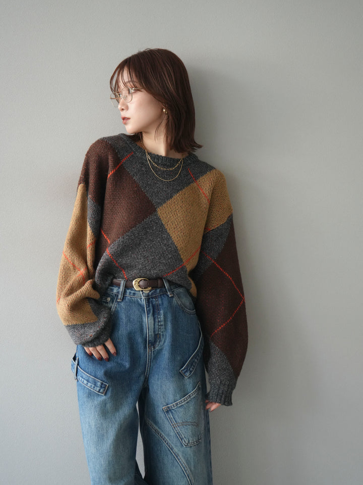 [予約]配色ステッチアーガイル柄ニットプルオーバー/charcoal
