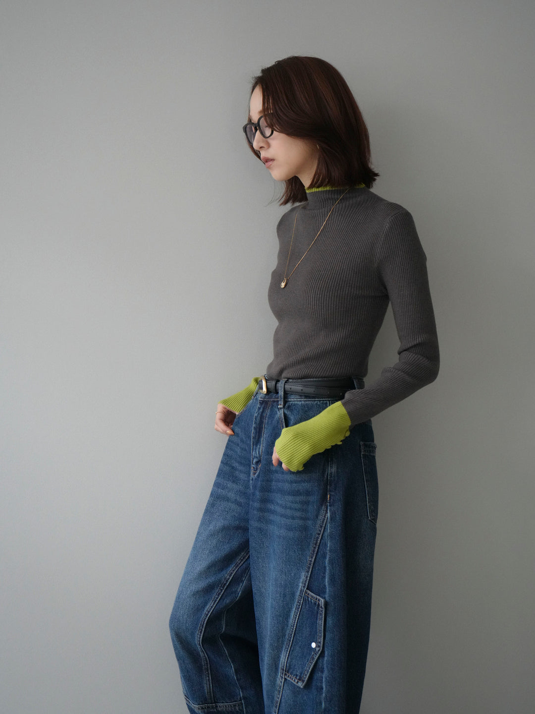 [SET]袖ボタンハイネック配色リブニットトップス+袖ボタンハイネック配色リブニットトップス(2set)