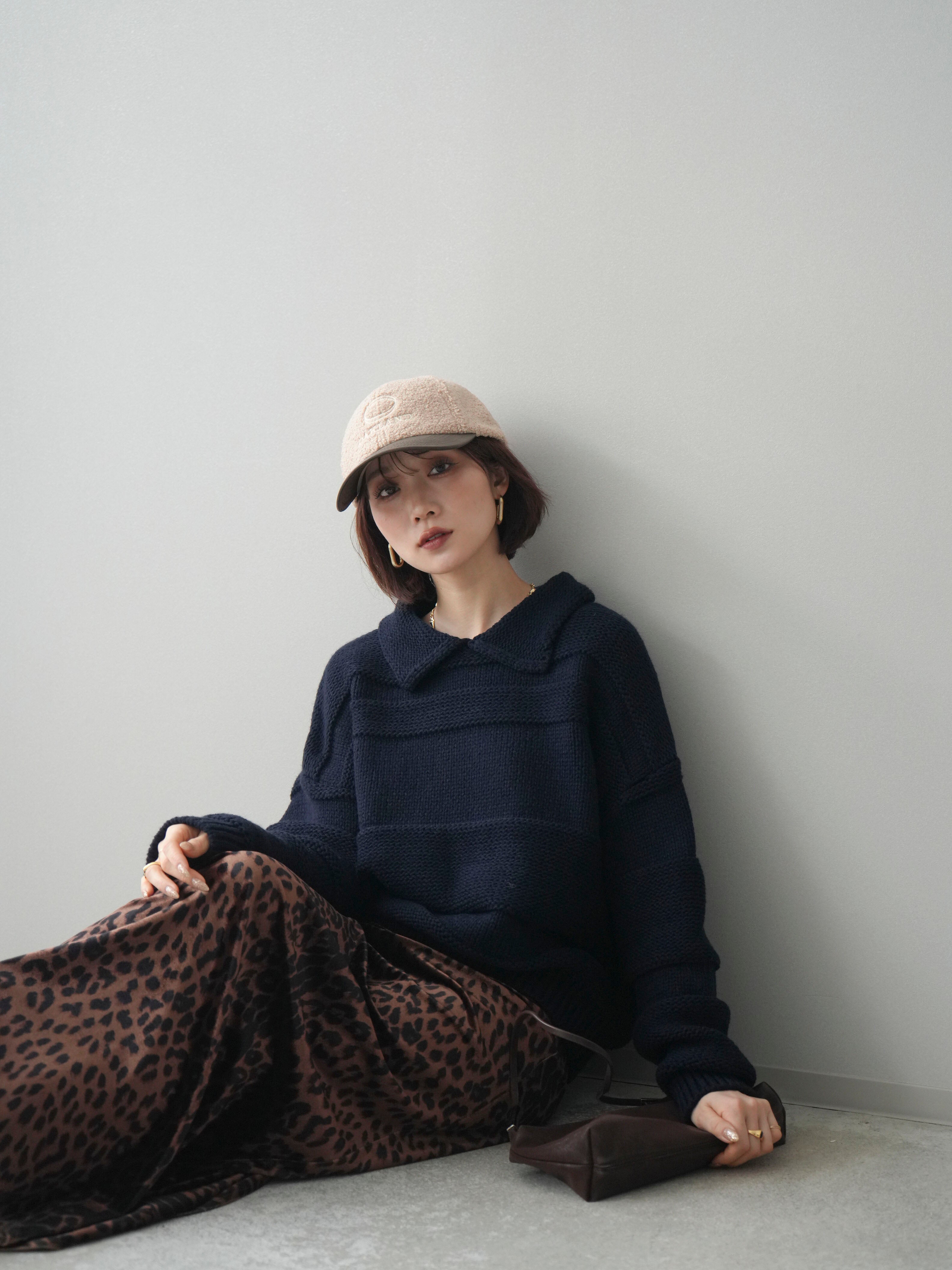 予約]襟付きボーダー編みニットプルオーバー/navy – Lumier