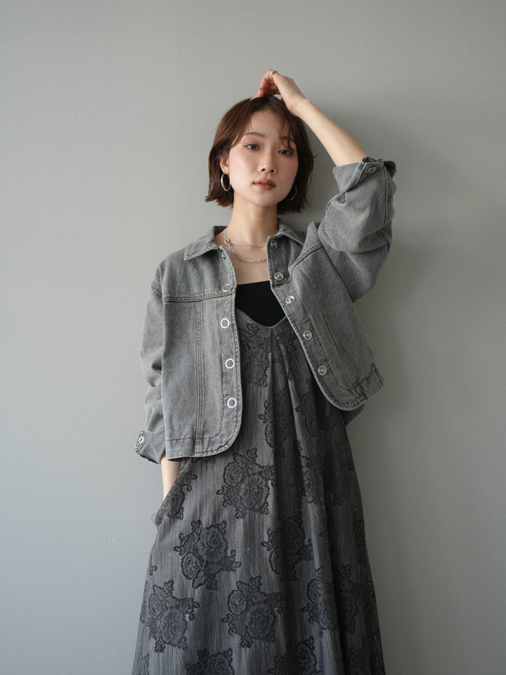 【預購】花朵蕾絲吊帶洋裝 / 灰色