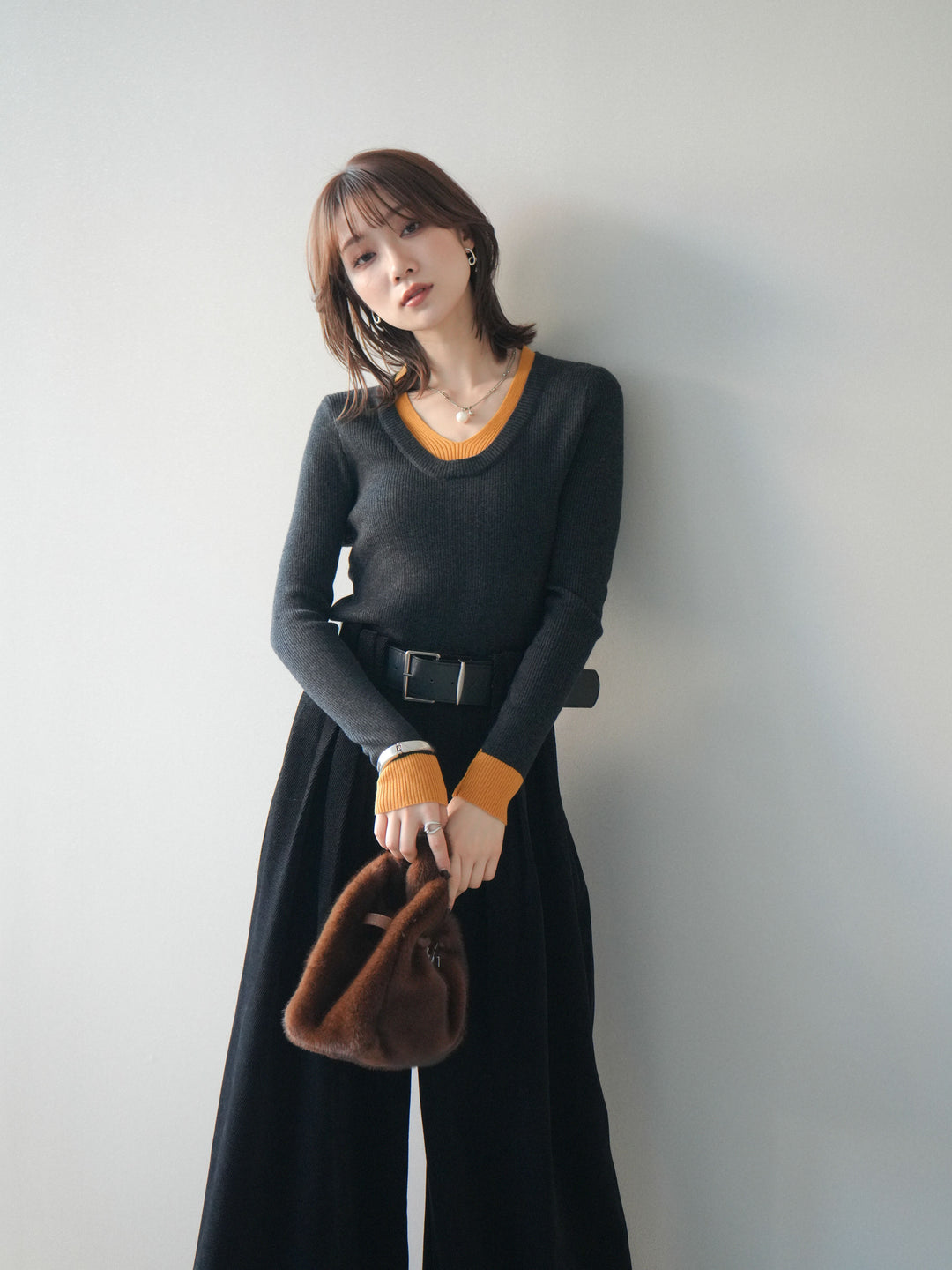 [SET]Uネック配色レイヤードリブニットトップス+選べるアクセセット(2set)