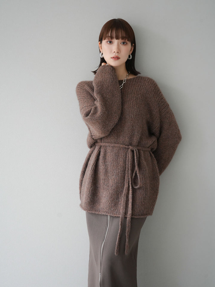 [予約]紐付きあぜ編みオーバーニットプルオーバー/ブラウン