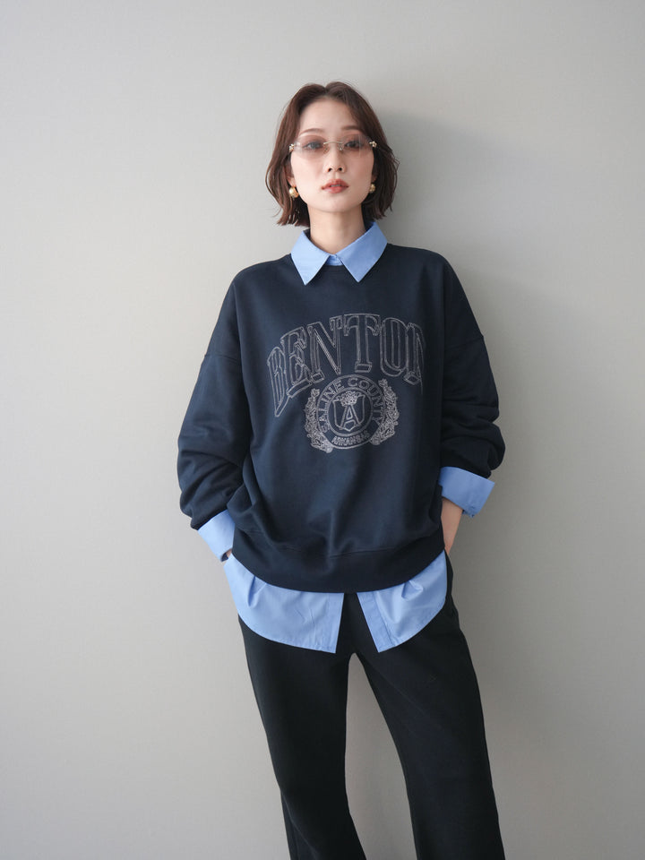 [SET]カレッジロゴ刺繍BIGスウェットプルオーバー+ボウタイ付オーバーシャツ(2set)