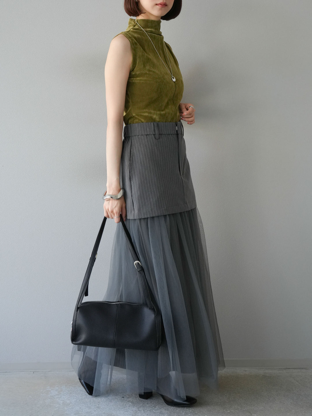 [予約]ストライプ切替チュールスカート/グレー