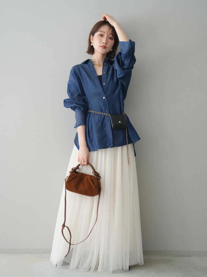 [SET]テンセルデニムタックシャツ+チュールボリュームスカート(2set)