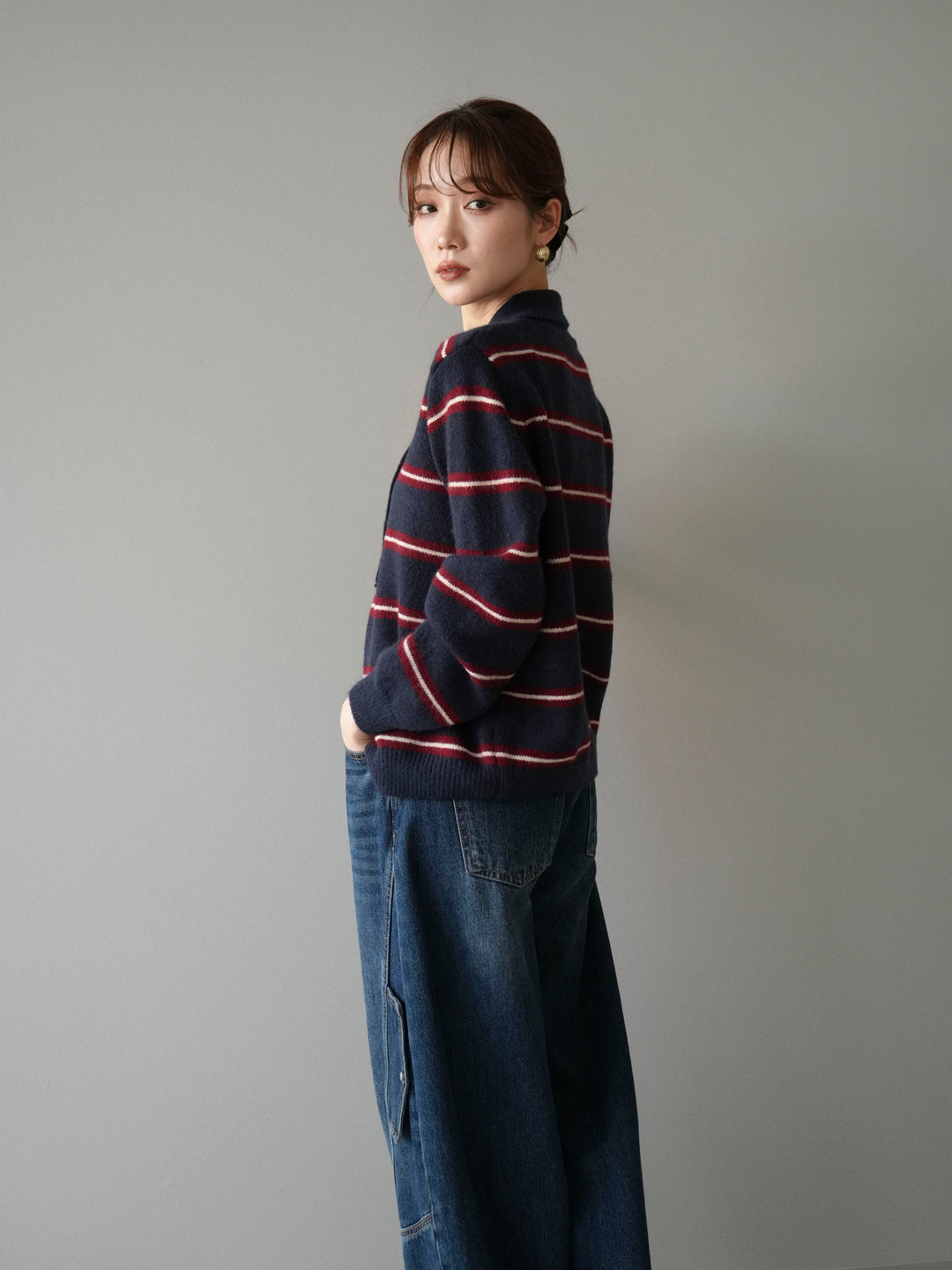 [予約]ボウタイボーダーニットカーディガン/navy