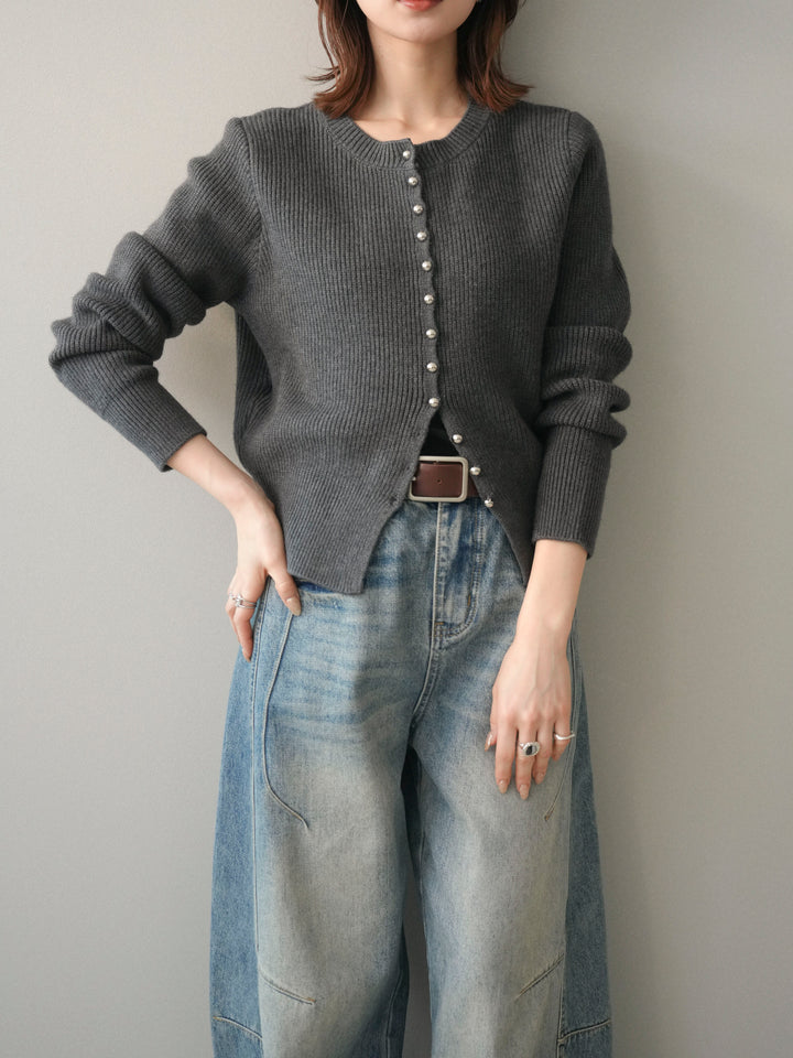[SET]シルバーボタン畦編みニットカーディガン+ベルト付カーブデニムパンツ(2set)