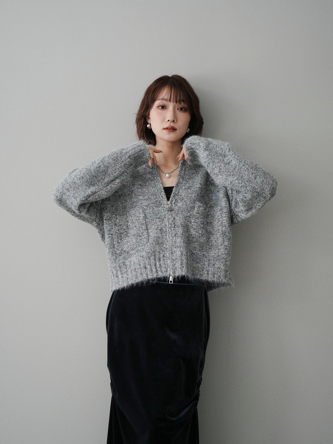 [SET]ミックスヤーンダブルZIPニットカーディガン+ギャザーベロアスカート(2set)