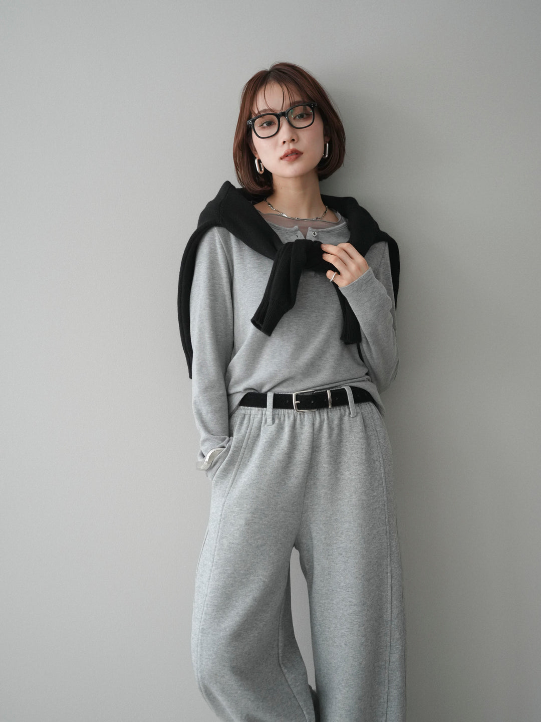 [予約]チュールレイヤードヘンリーネックカットソー/gray