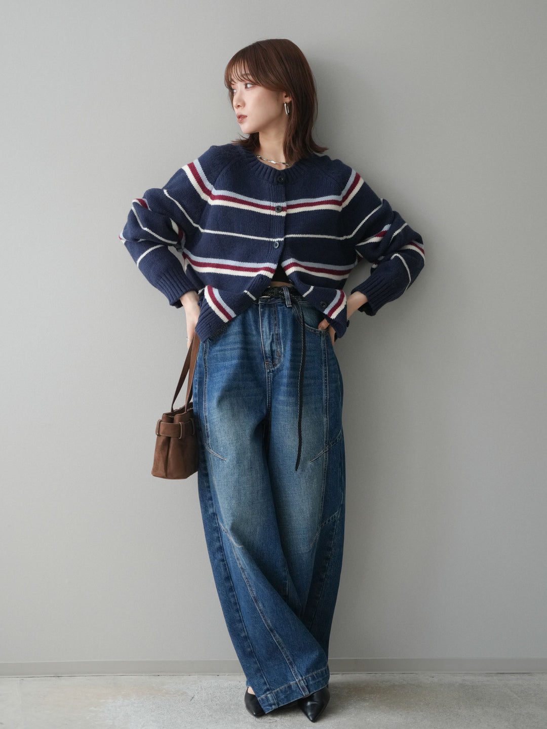 [SET]ランダムボーダーニットカーディガン+デザインステッチカーブデニムパンツ(2set)