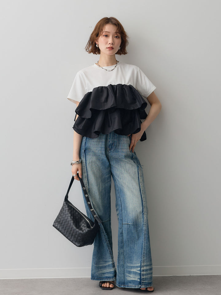 [SET]フリルティアードTEE+縦ウォッシュワイドデニムパンツ(2set)