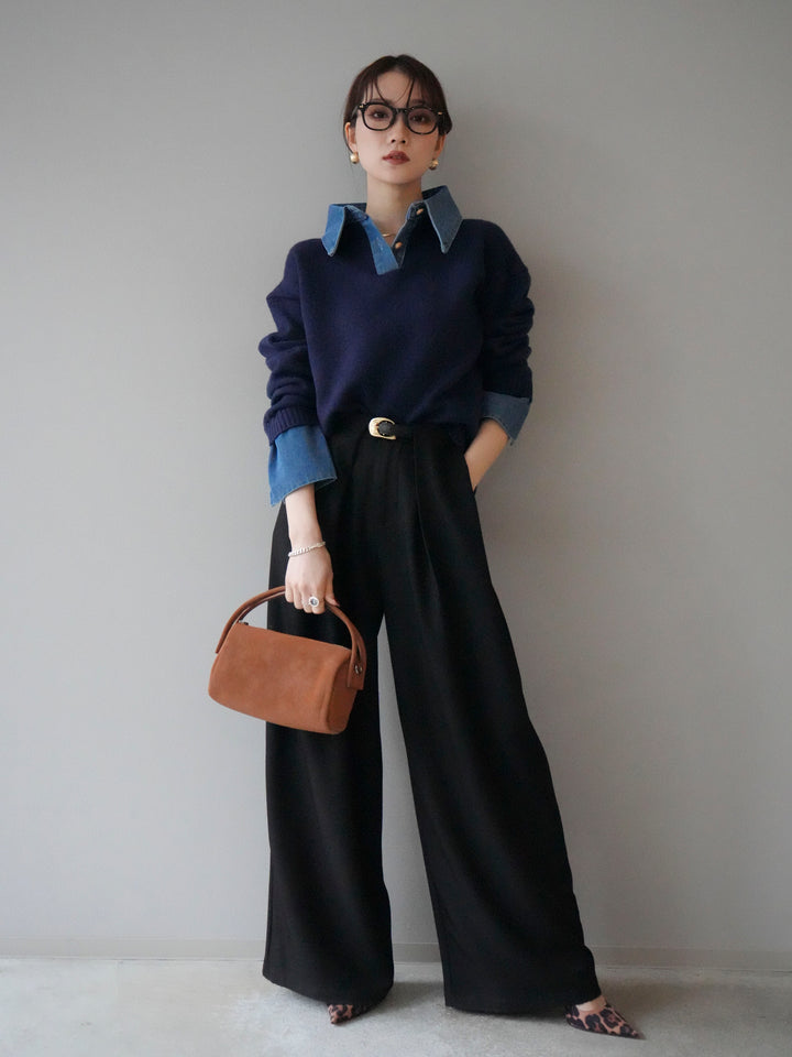 [SET]デニム襟ポロニットプルオーバー+ベルトループデザインワイドパンツ(2set)