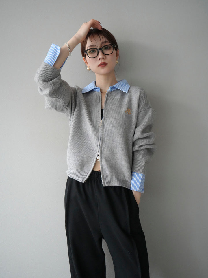 [SET]ストライプシャツレイヤードZIPニットカーディガン+2WAYデザインスウェットパンツ(2set)