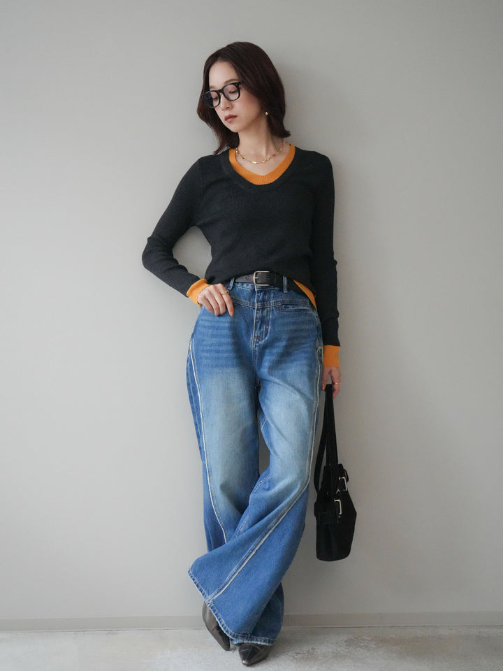 [予約]サイドフリンジワイドデニムパンツ/navy