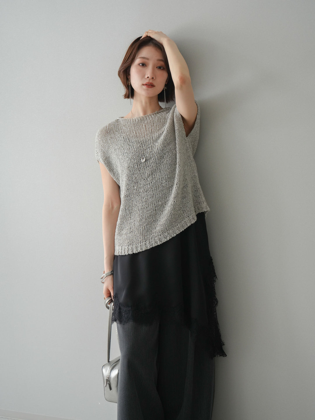 [予約]テープヤーンノースリーブニットトップス/gray
