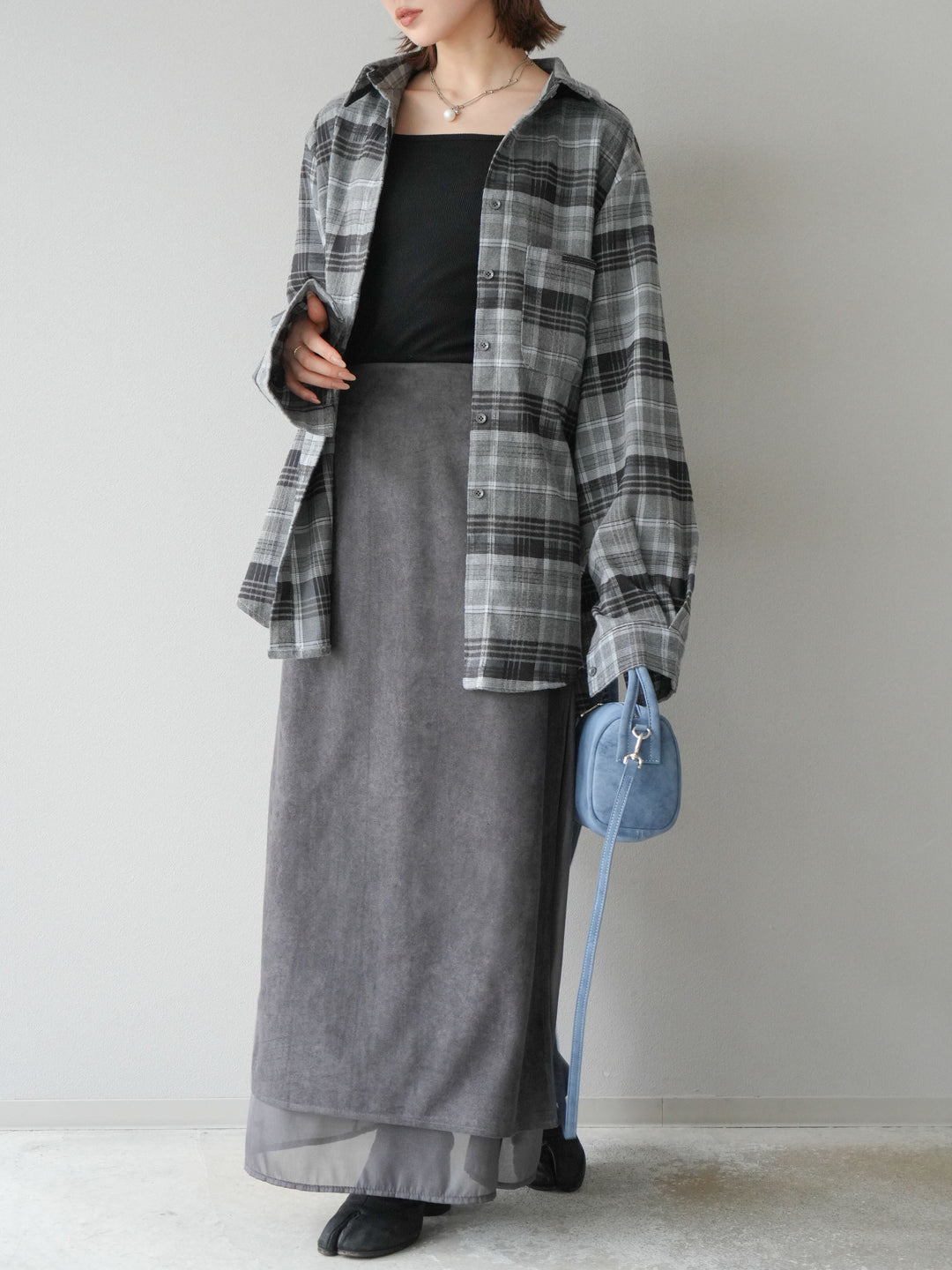 [予約]サイドスリットスウェードドッキングシフォンスカート/グレー