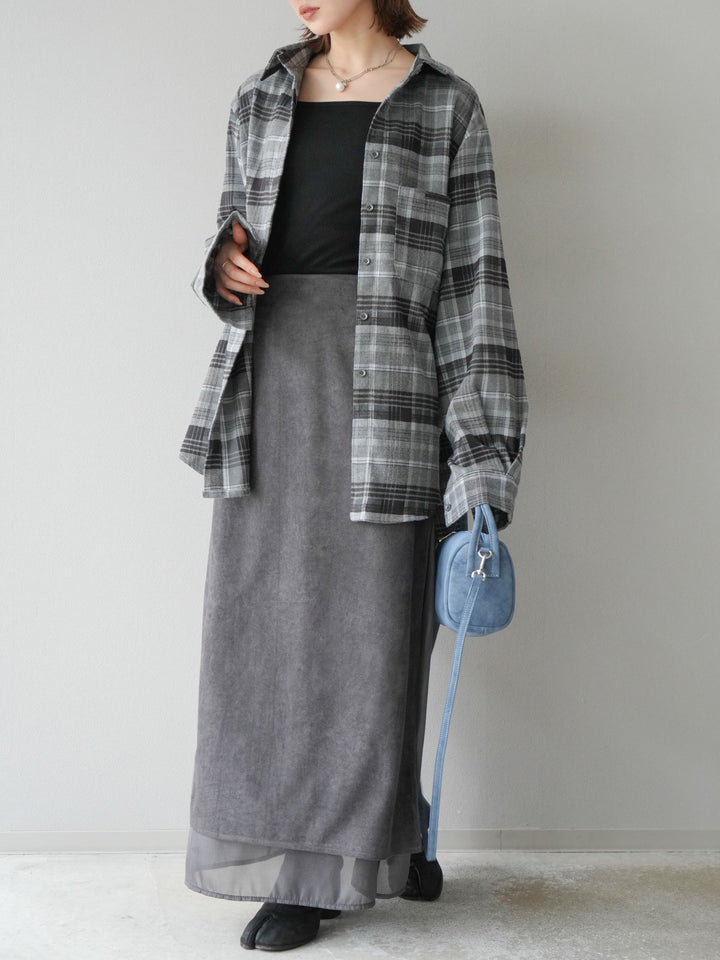 [予約]サイドスリットスウェードドッキングシフォンスカート/グレー