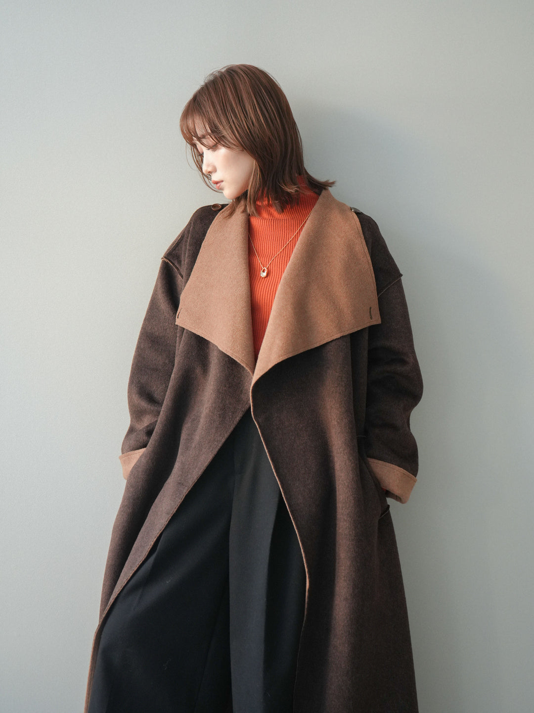 [予約]ダブルフェイスバイカラーロングコート/brown