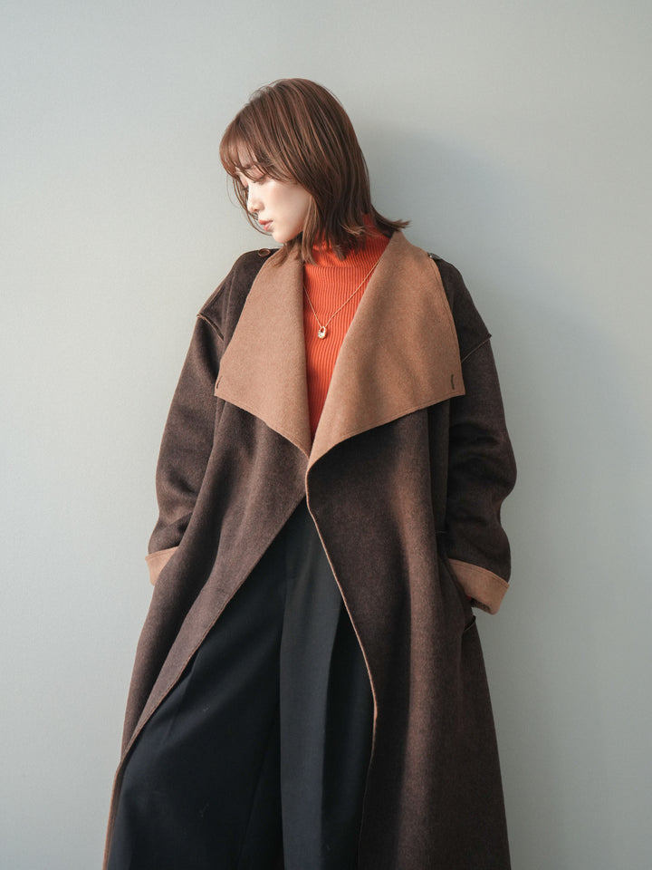 [予約]ダブルフェイスバイカラーロングコート/brown
