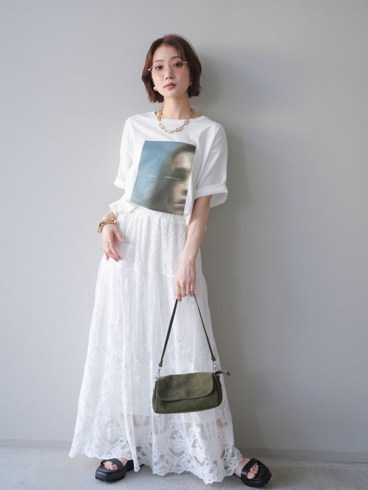 [SET]ブラーアートフォトTシャツ+シアーレースマキシスカート(2set)