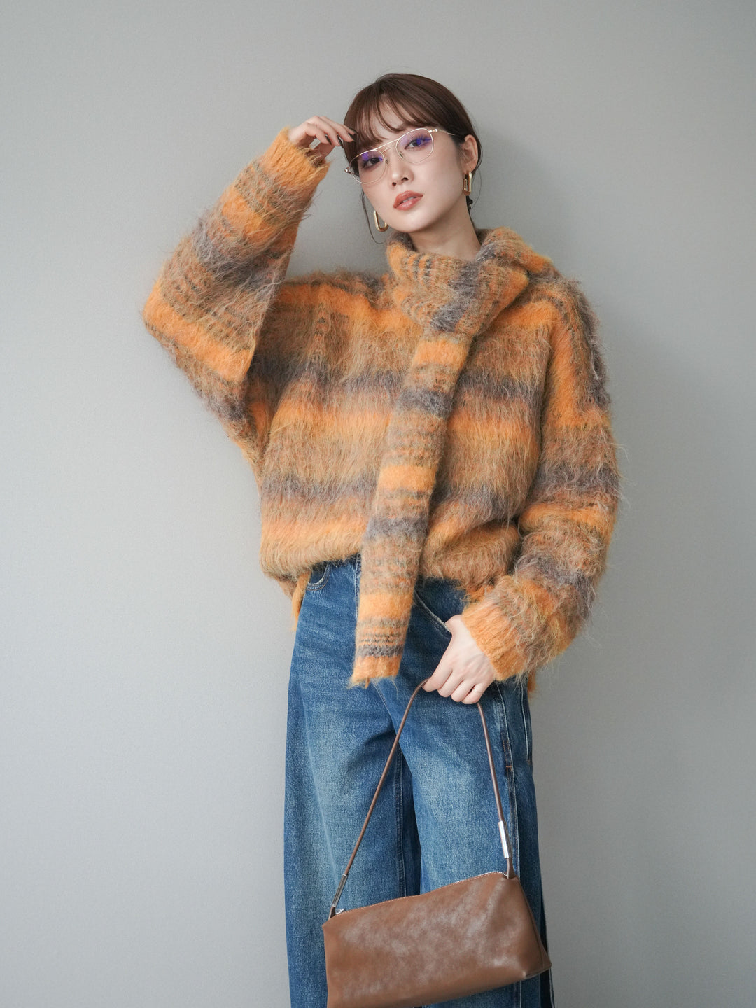 [予約]ストール付シャギーマルチボーダーニットプルオーバー/yellow