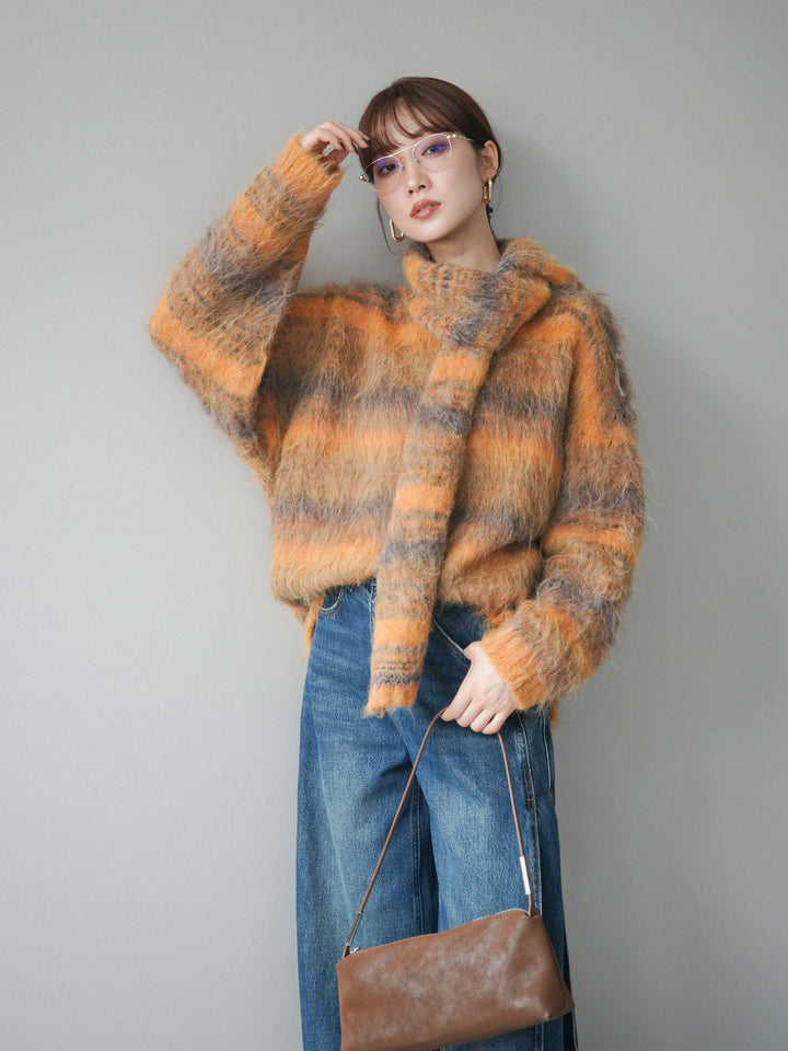 [予約]ストール付シャギーマルチボーダーニットプルオーバー/yellow