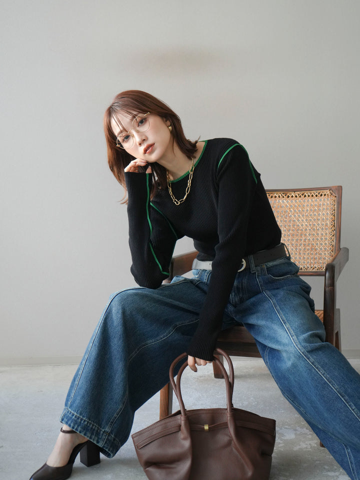 [予約]バイカラークルーネックリブニットトップス/black