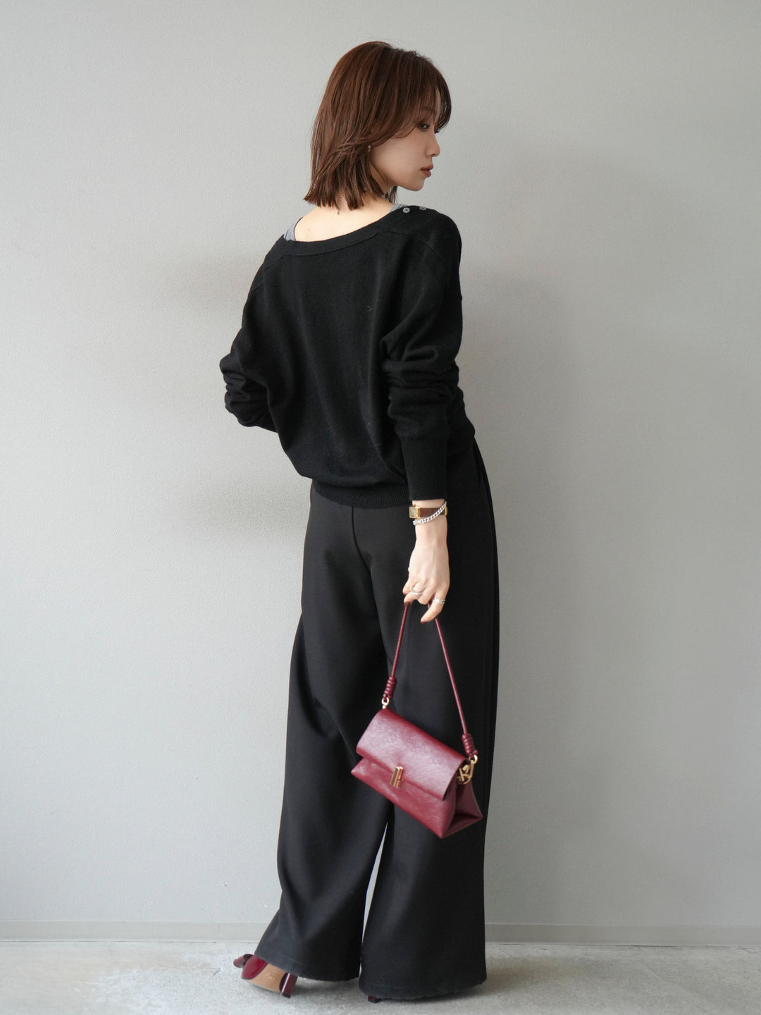 [SET]デザインボタンニットカーディガン＆タンクトップSET+ベルトループデザインワイドパンツ(2set)