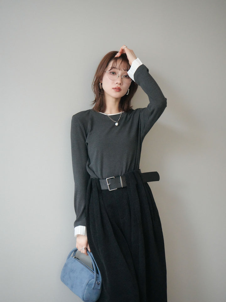 [SET]袖プリーツ配色レイヤードトップス+ベルトデザインループコールテンワイドパンツ(ベルト付き)(2set)