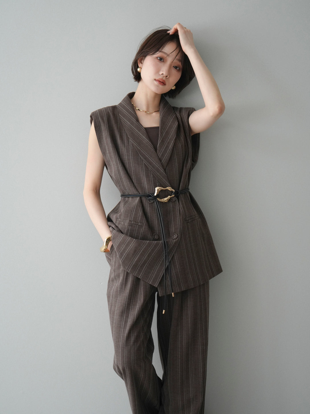 [SET]モチーフベルト付ストライプジレ＆パンツSETUP