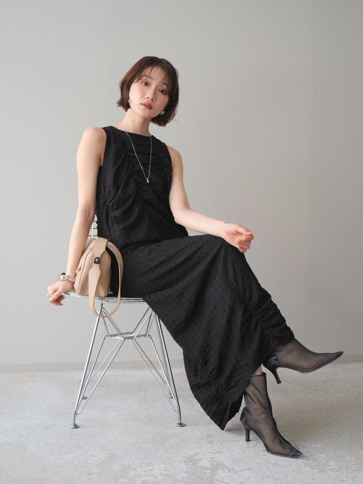 [予約]シャーリングジャガードノースリーブワンピース/black