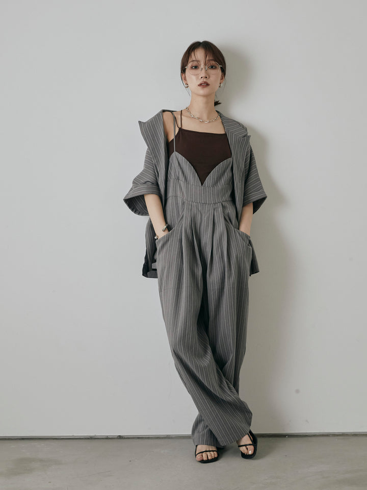 [予約]ヘリンボーンストライプサロペット/チャコール