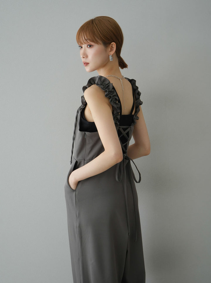 [預訂] 繫帶荷葉邊連身衣/灰色