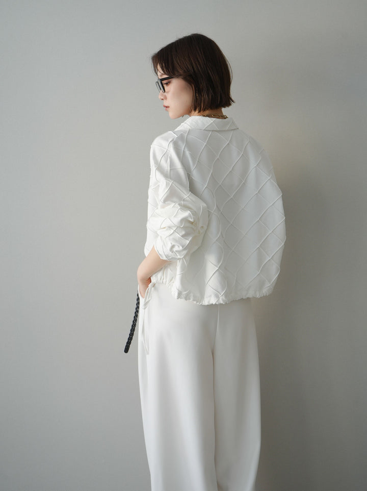 [SET]パイピングクロスデザインブラウス+編み込みベルト付タックワイドパンツ(2set)