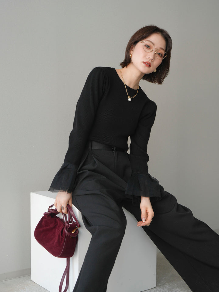 [SET]袖チュールパワショルリブニットトップス+サテンベルトタックワイドパンツ(2set)