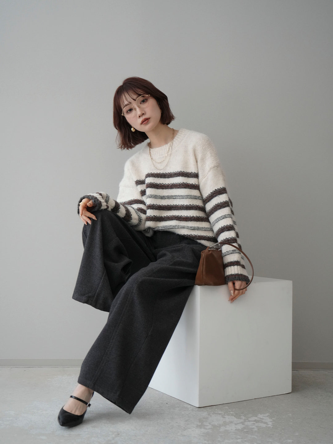 [SET]ステッチボーダーニットプルオーバー+ベルト付起毛コクーンパンツ(2set)